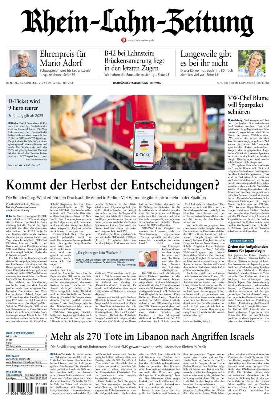 Rhein-Lahn-Zeitung vom Dienstag, 24.09.2024