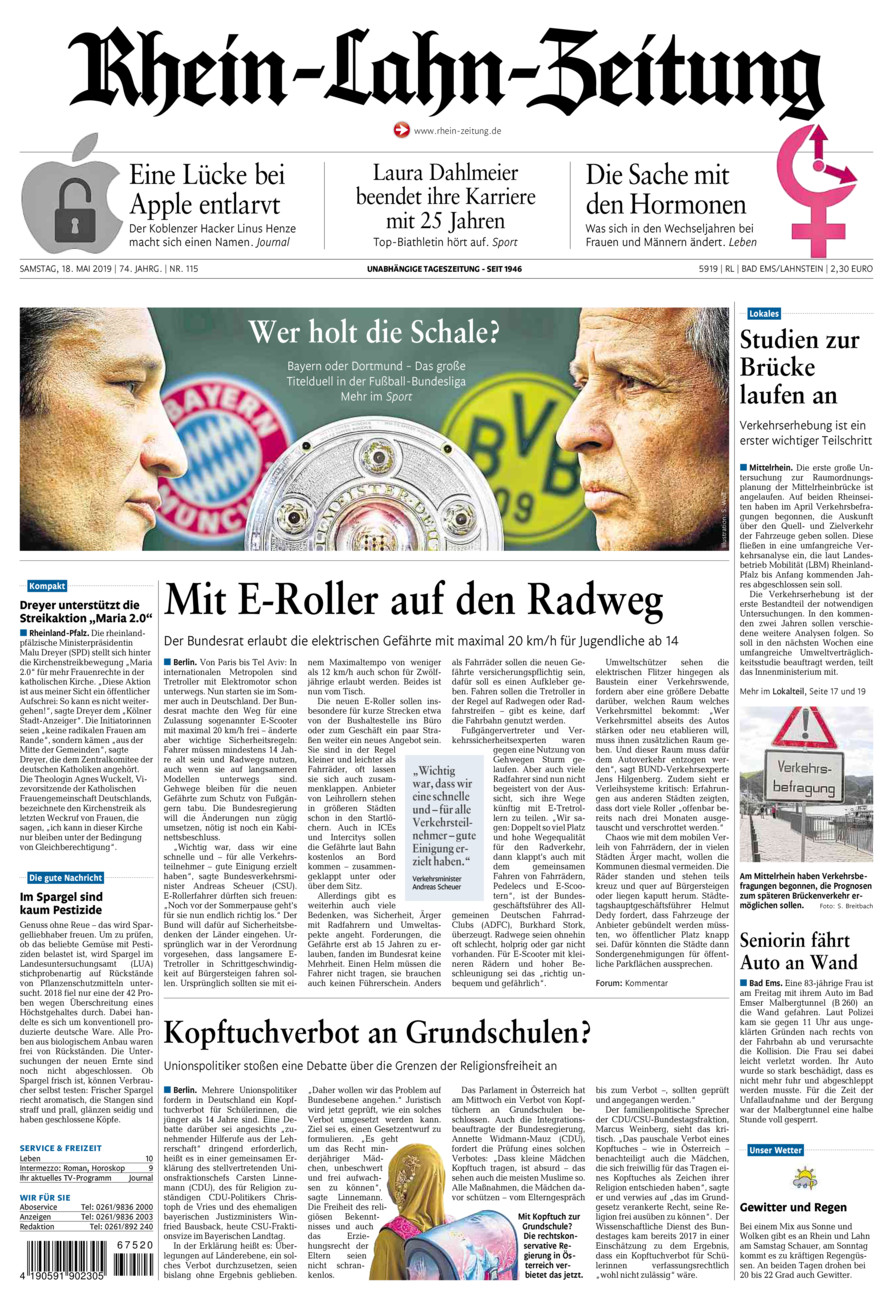 Rhein-Lahn-Zeitung vom Samstag, 18.05.2019