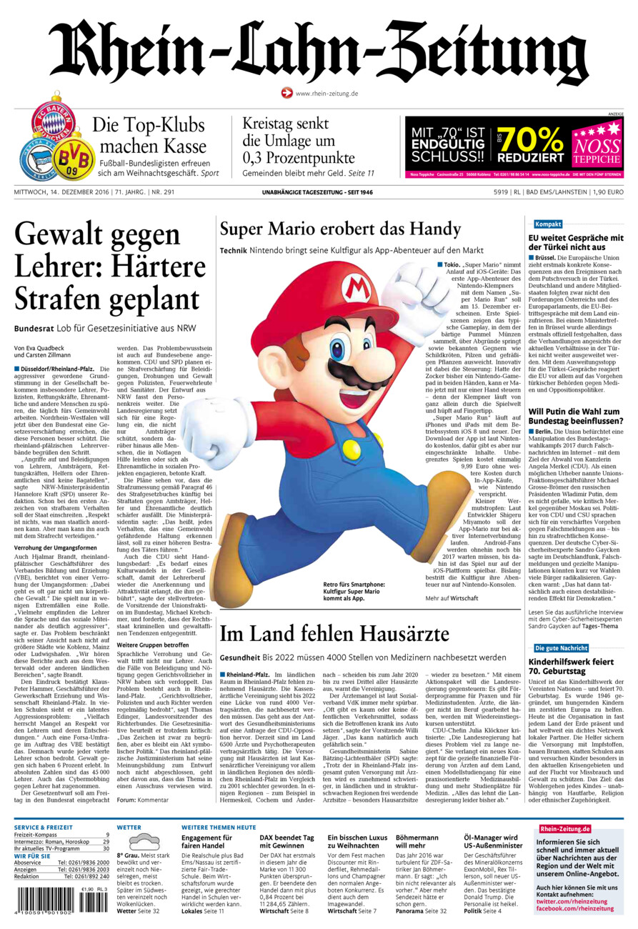 Rhein-Lahn-Zeitung vom Mittwoch, 14.12.2016