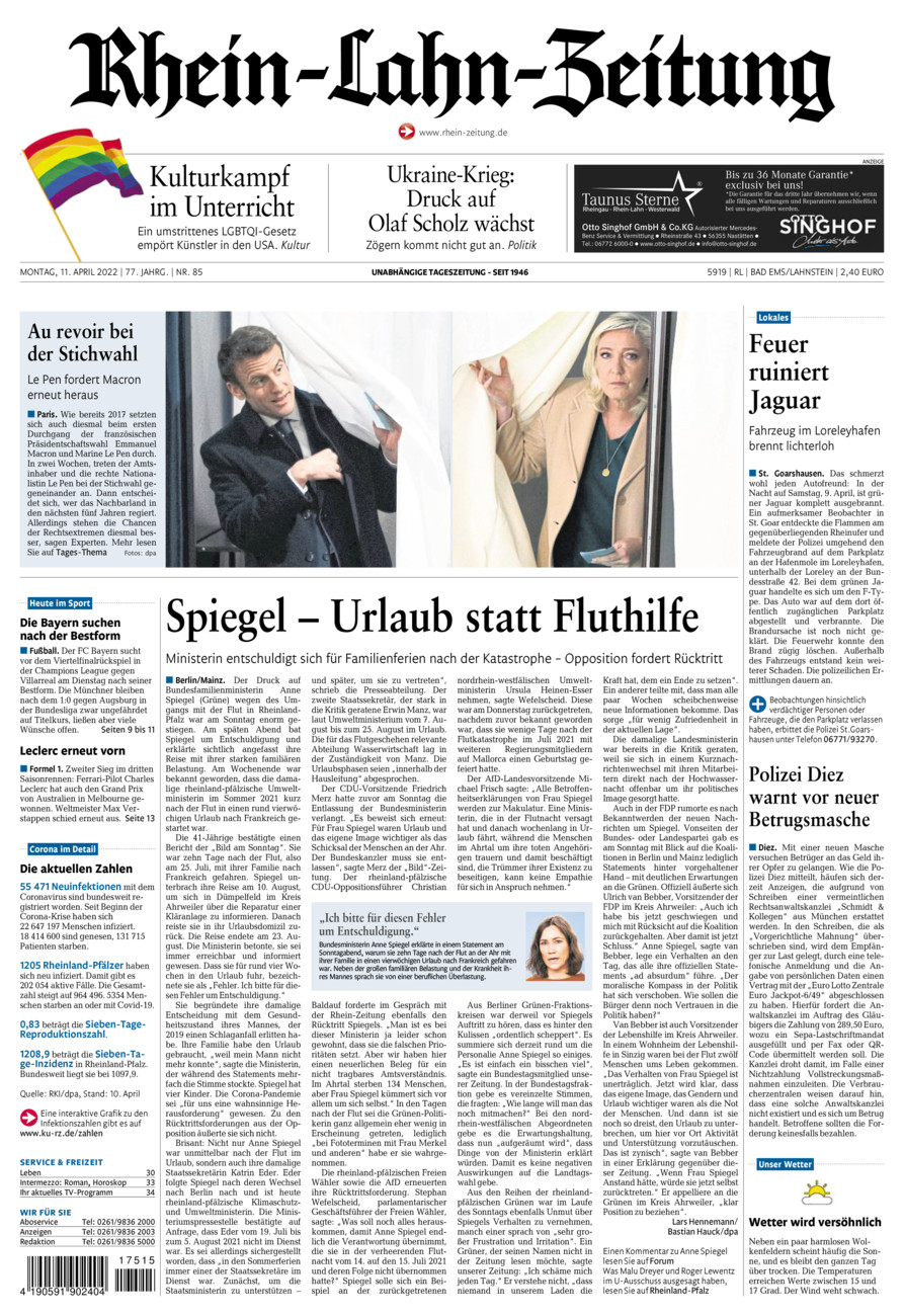 Rhein-Lahn-Zeitung vom Montag, 11.04.2022