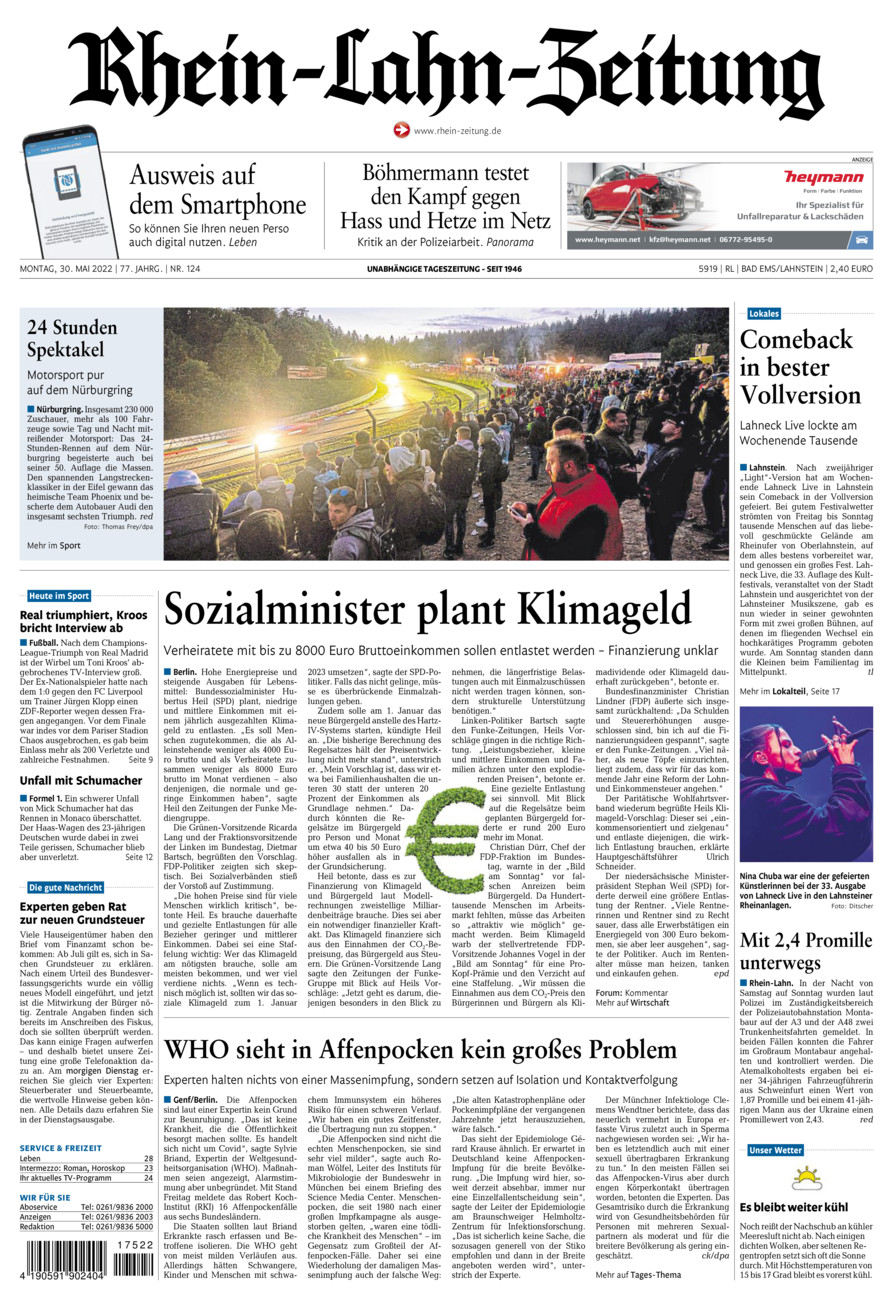 Rhein-Lahn-Zeitung vom Montag, 30.05.2022