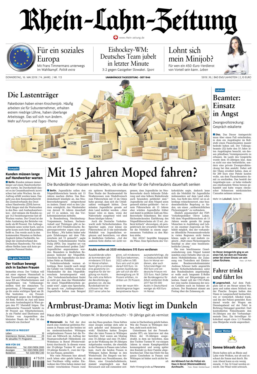 Rhein-Lahn-Zeitung vom Donnerstag, 16.05.2019