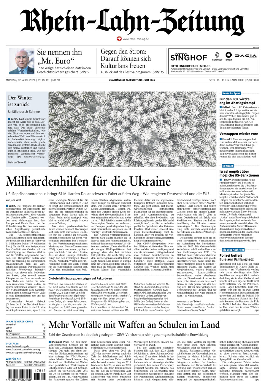 Rhein-Lahn-Zeitung vom Montag, 22.04.2024
