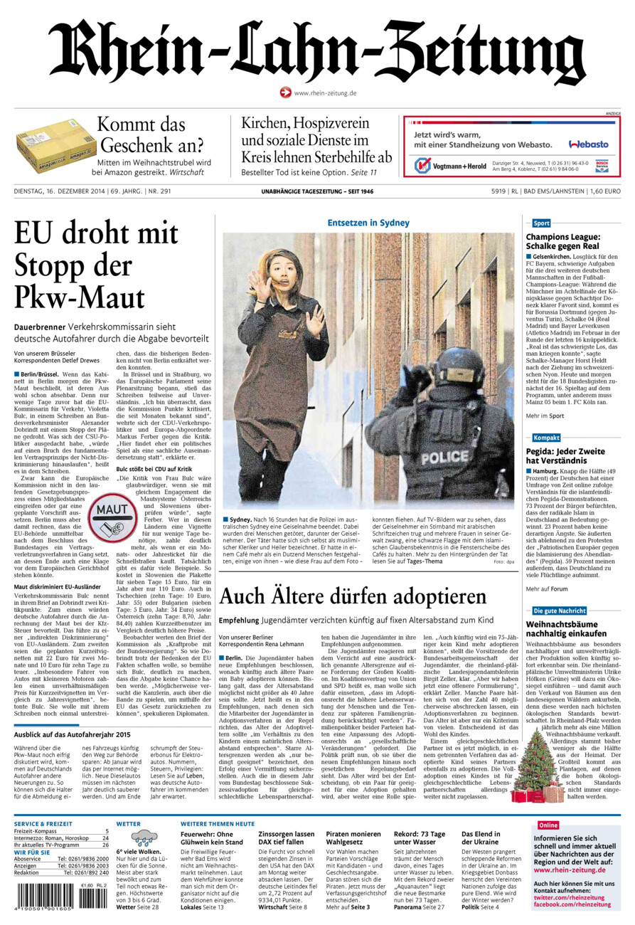 Rhein-Lahn-Zeitung vom Dienstag, 16.12.2014