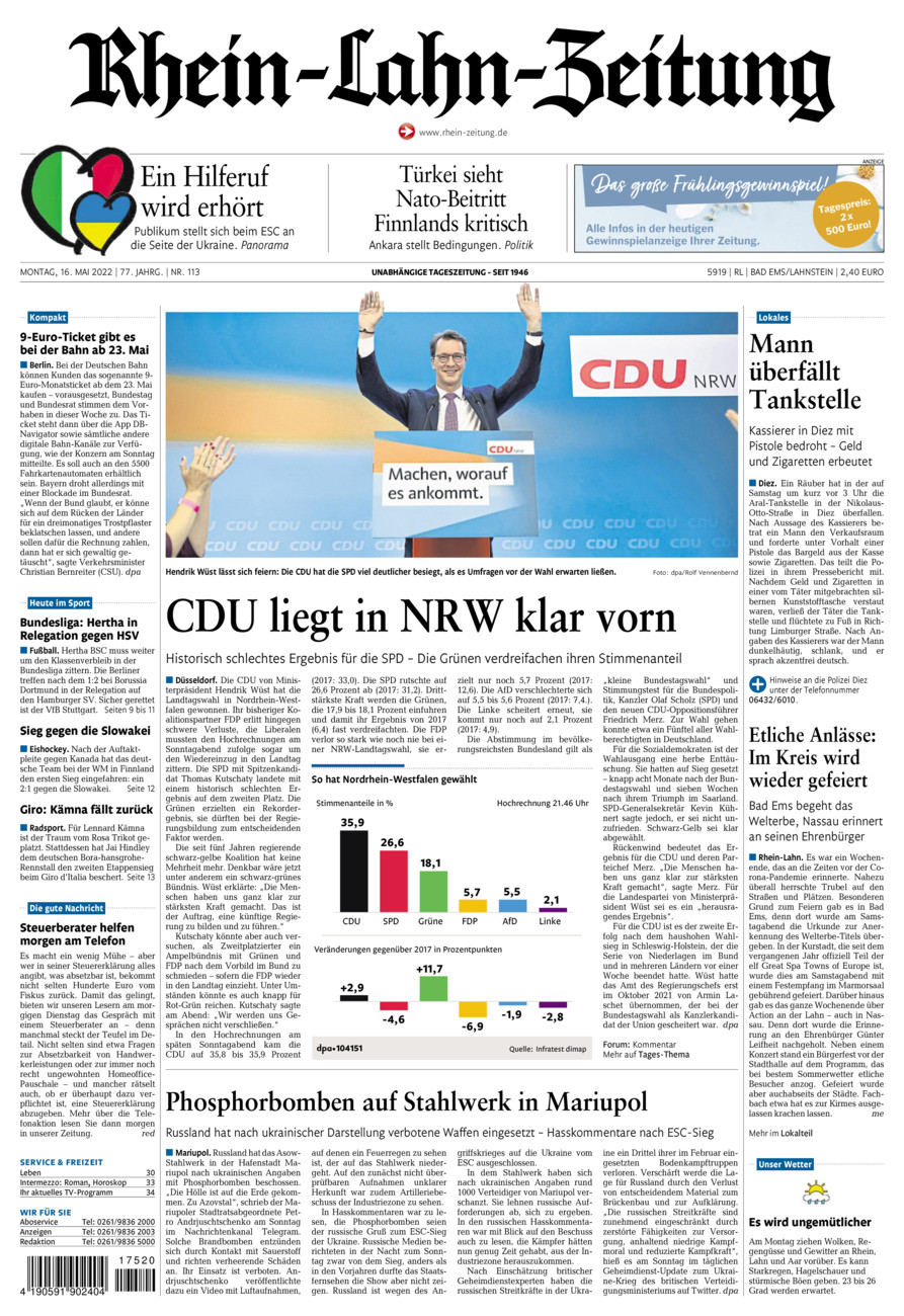Rhein-Lahn-Zeitung vom Montag, 16.05.2022