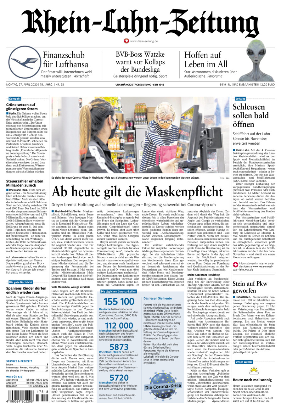 Rhein-Lahn-Zeitung vom Montag, 27.04.2020