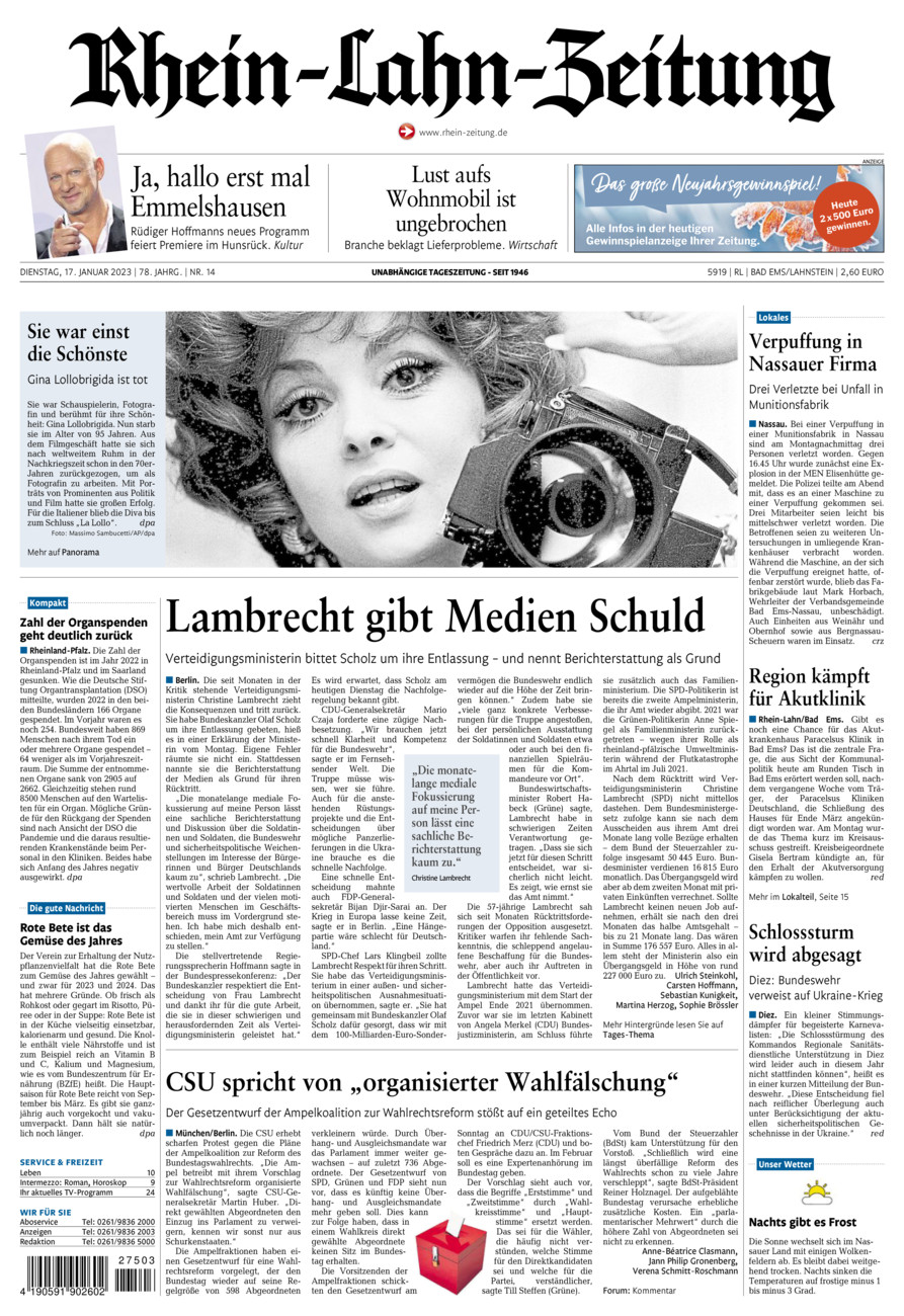 Rhein-Lahn-Zeitung vom Dienstag, 17.01.2023