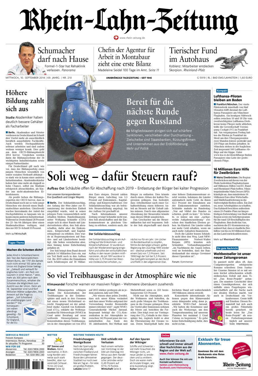 Rhein-Lahn-Zeitung vom Mittwoch, 10.09.2014