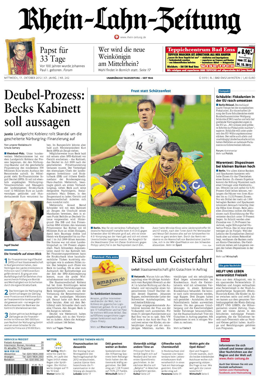 Rhein-Lahn-Zeitung vom Mittwoch, 17.10.2012