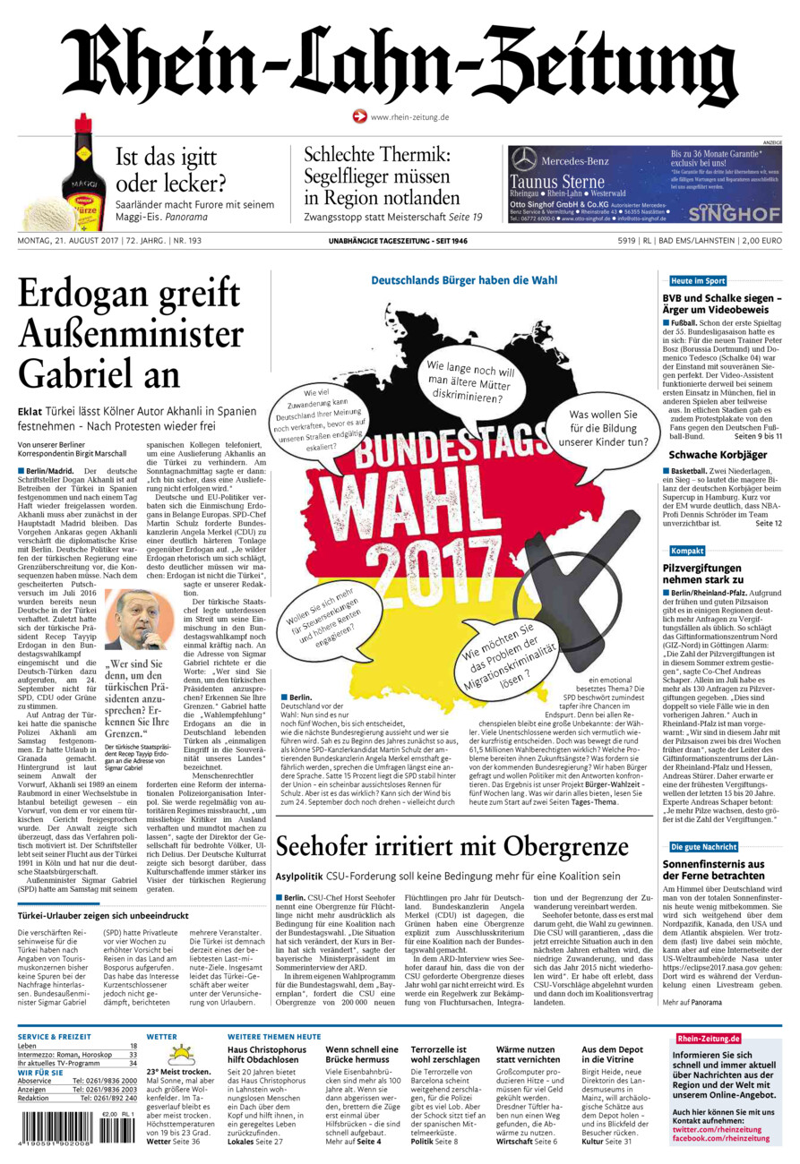 Rhein-Lahn-Zeitung vom Montag, 21.08.2017
