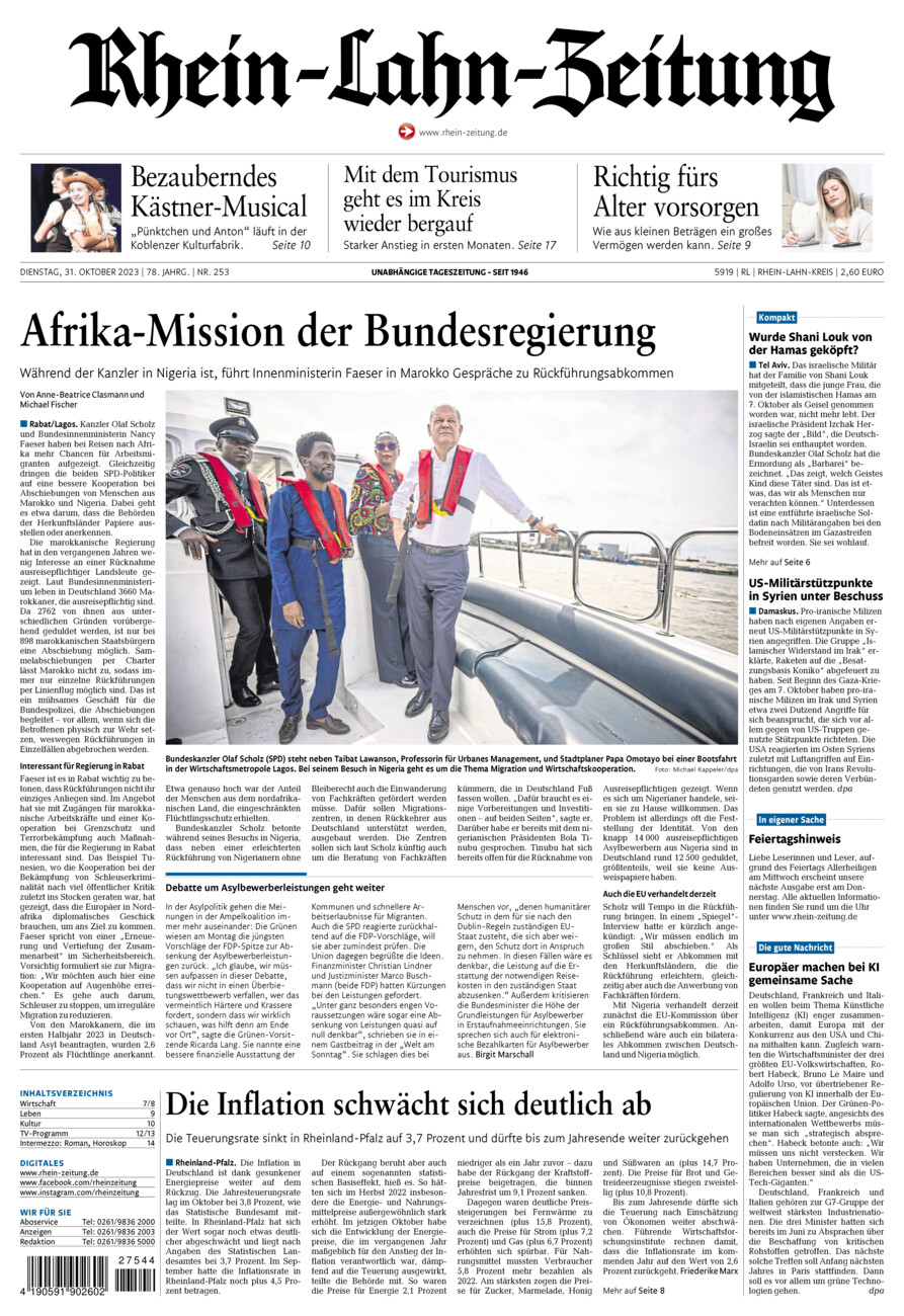 Rhein-Lahn-Zeitung vom Dienstag, 31.10.2023