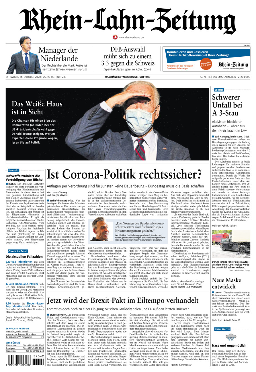 Rhein-Lahn-Zeitung vom Mittwoch, 14.10.2020