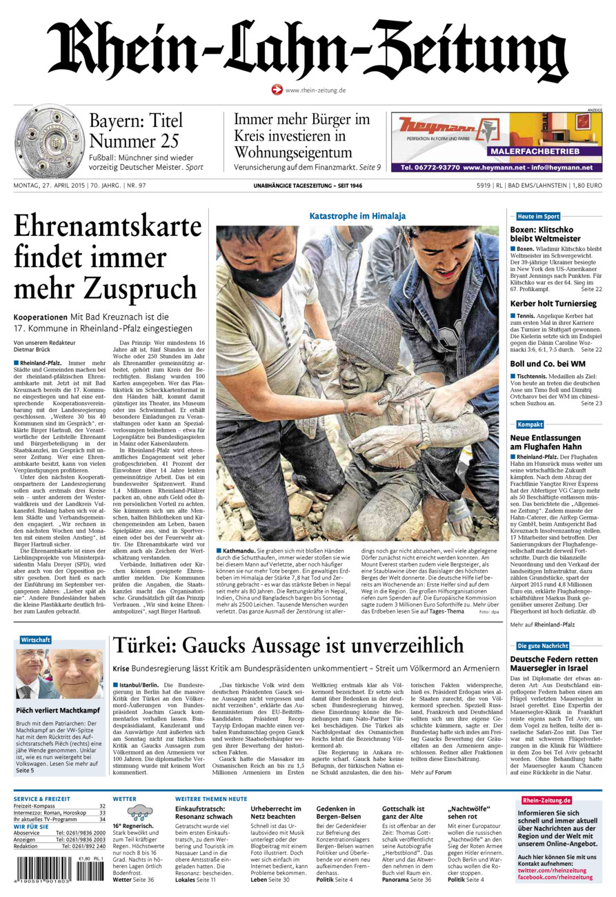 Rhein-Lahn-Zeitung vom Montag, 27.04.2015