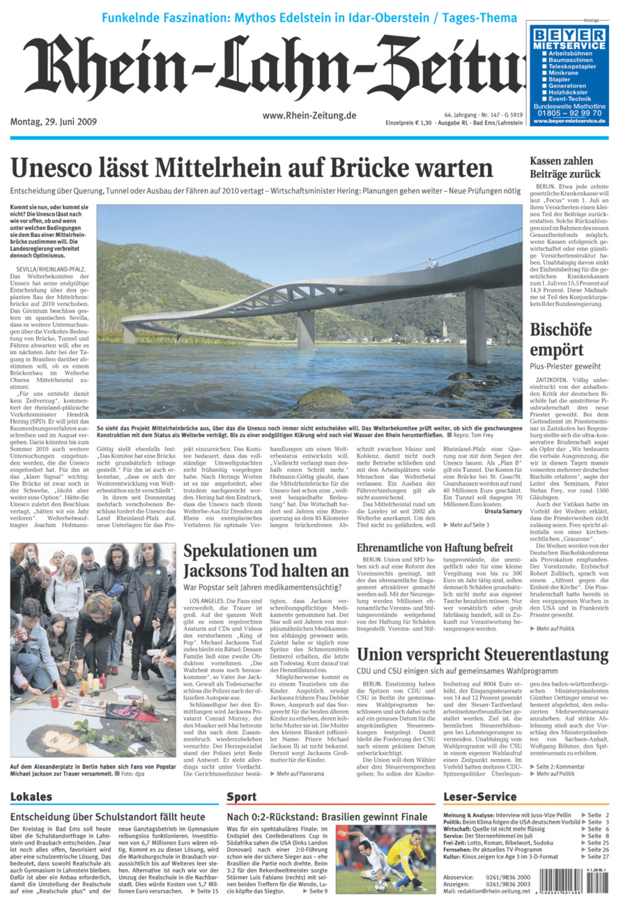 Rhein-Lahn-Zeitung vom Montag, 29.06.2009