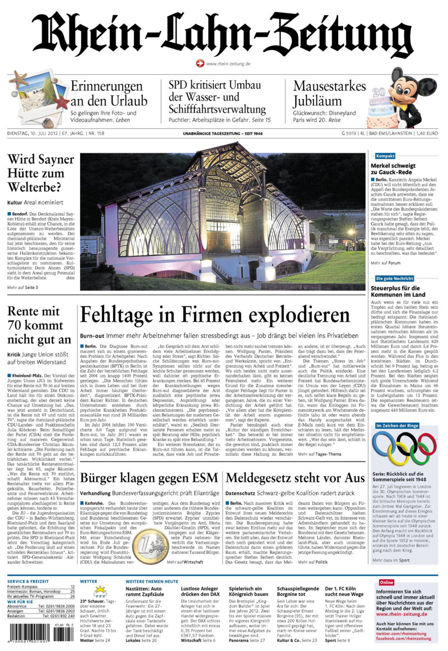Rhein-Lahn-Zeitung vom Dienstag, 10.07.2012