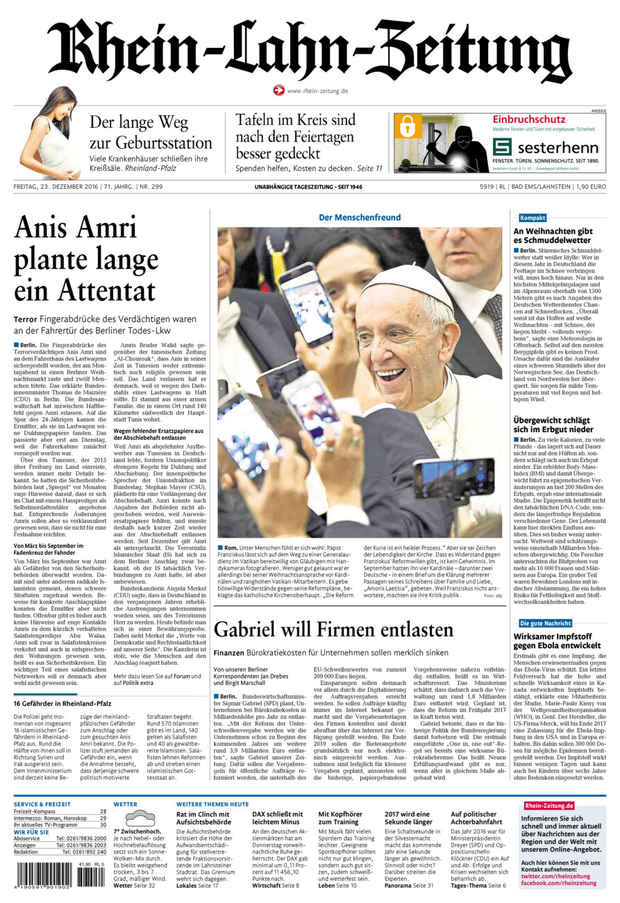 Rhein-Lahn-Zeitung vom Freitag, 23.12.2016