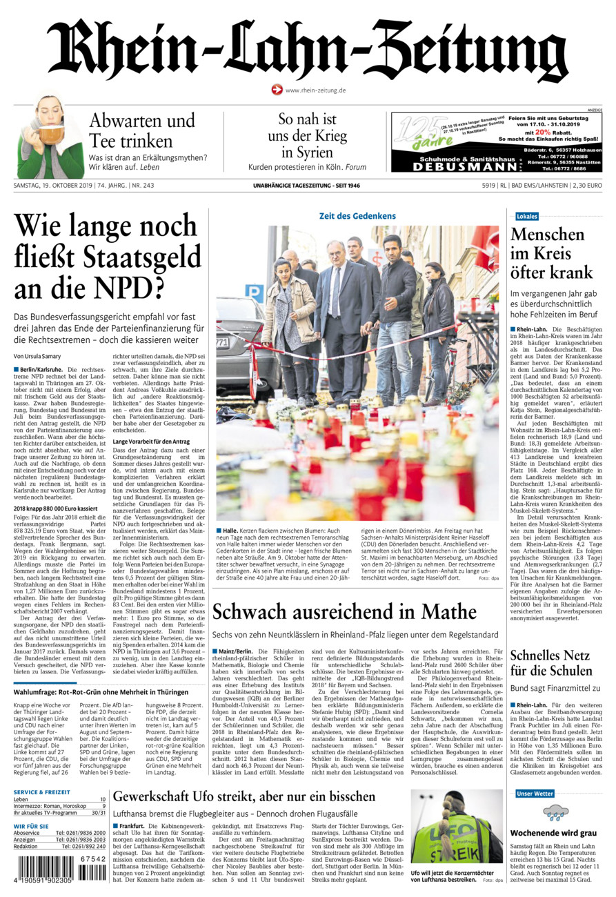 Rhein-Lahn-Zeitung vom Samstag, 19.10.2019