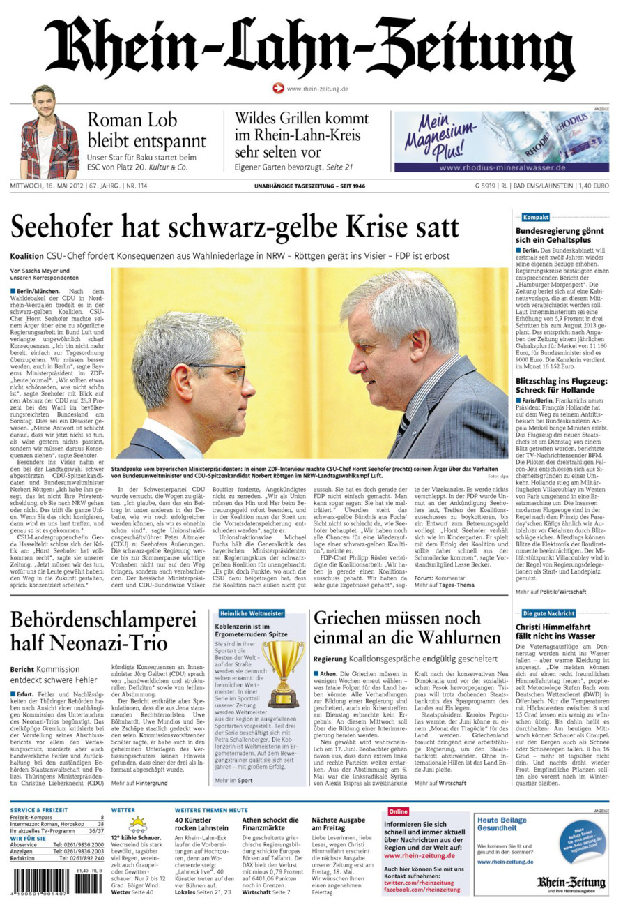 Rhein-Lahn-Zeitung vom Mittwoch, 16.05.2012