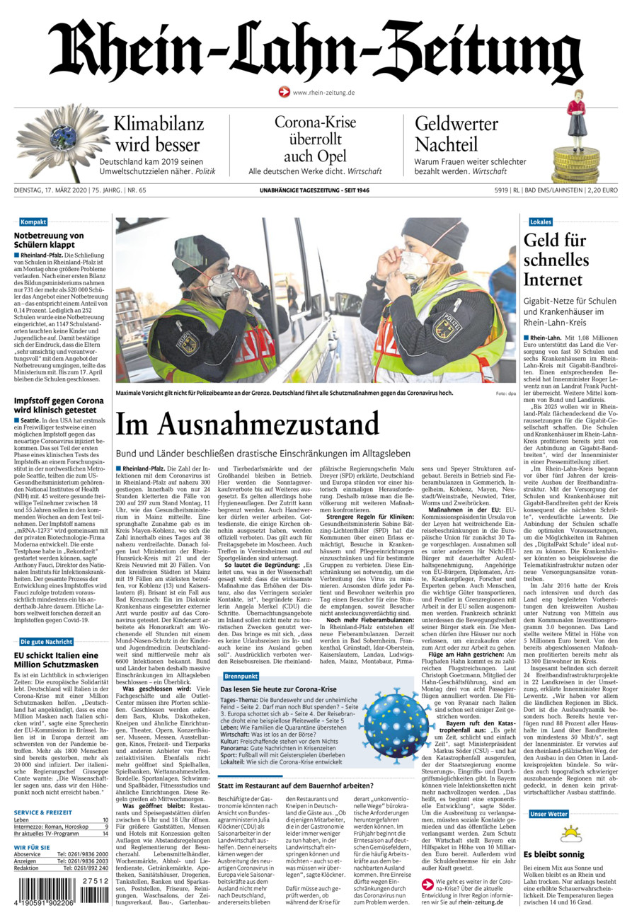 Rhein-Lahn-Zeitung vom Dienstag, 17.03.2020