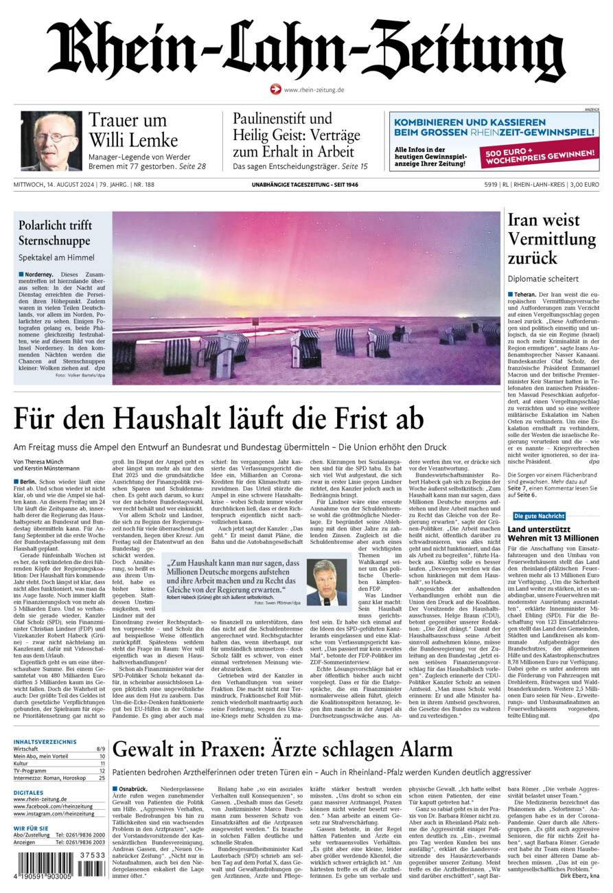 Rhein-Lahn-Zeitung vom Mittwoch, 14.08.2024