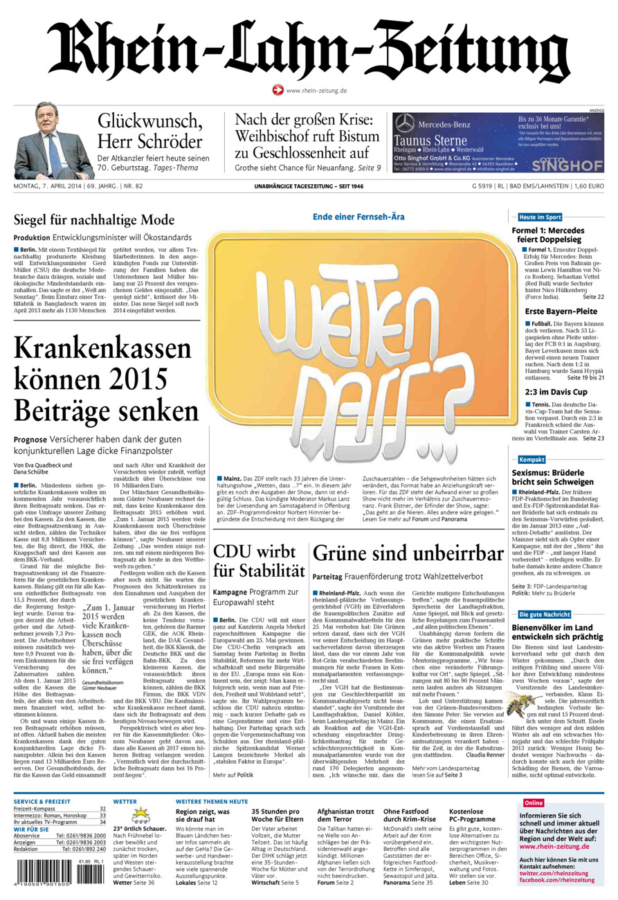 Rhein-Lahn-Zeitung vom Montag, 07.04.2014
