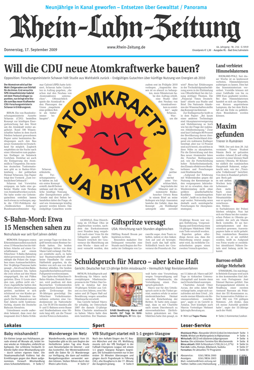 Rhein-Lahn-Zeitung vom Donnerstag, 17.09.2009
