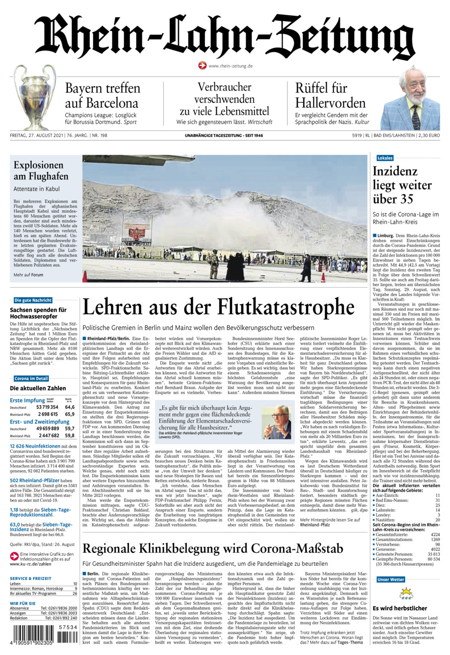 Rhein-Lahn-Zeitung vom Freitag, 27.08.2021