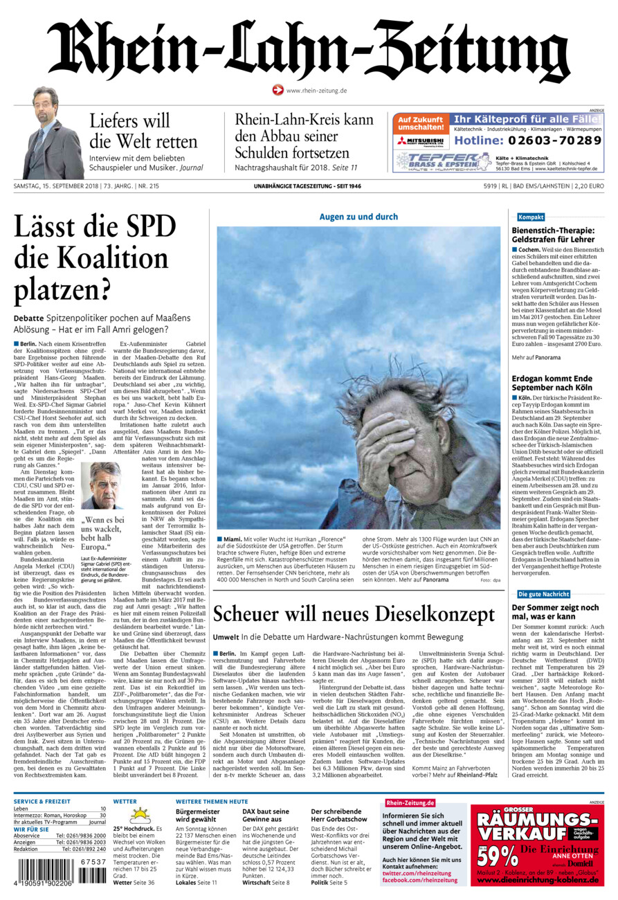 Rhein-Lahn-Zeitung vom Samstag, 15.09.2018