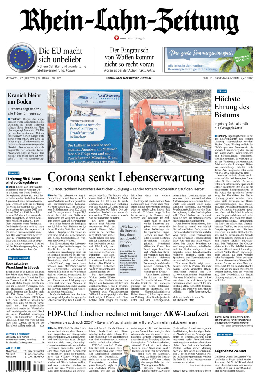 Rhein-Lahn-Zeitung vom Mittwoch, 27.07.2022