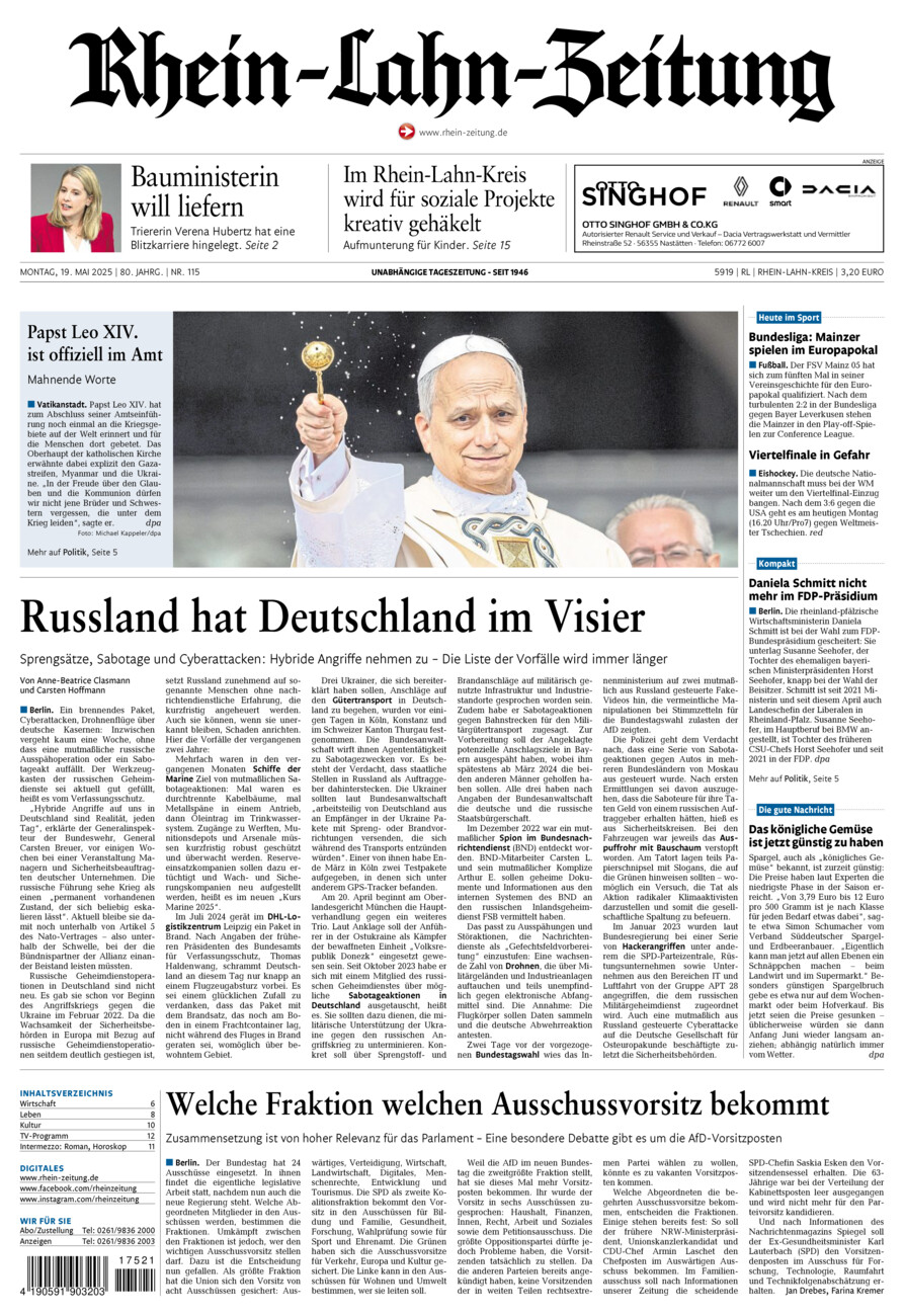 Rhein-Lahn-Zeitung vom Montag, 19.05.2025