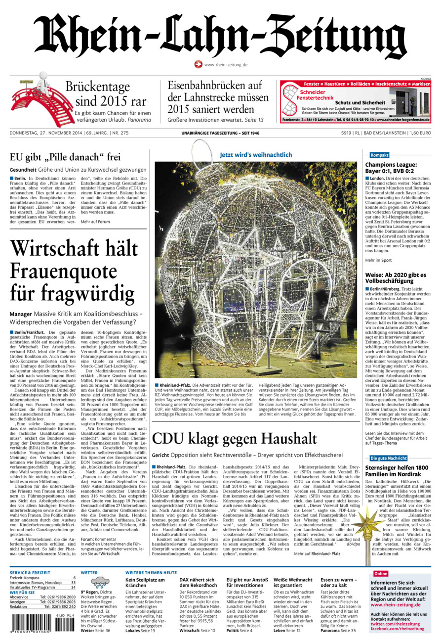 Rhein-Lahn-Zeitung vom Donnerstag, 27.11.2014