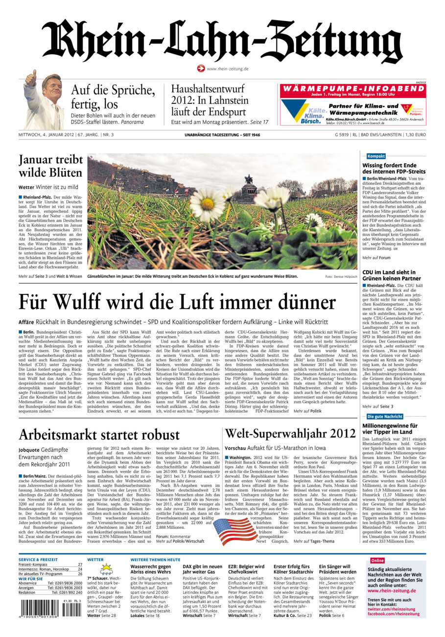 Rhein-Lahn-Zeitung vom Mittwoch, 04.01.2012