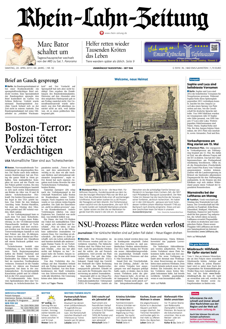 Rhein-Lahn-Zeitung vom Samstag, 20.04.2013