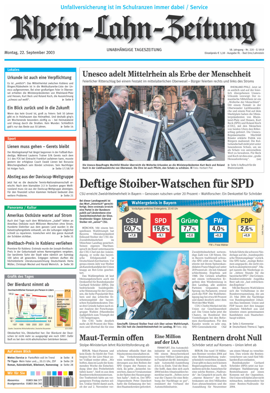 Rhein-Lahn-Zeitung vom Montag, 22.09.2003