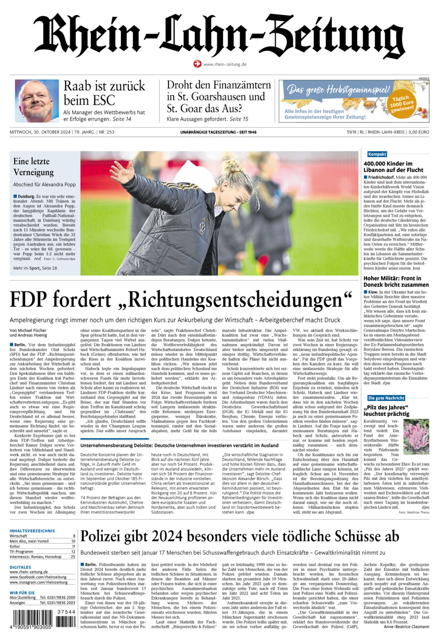 Rhein-Lahn-Zeitung vom Mittwoch, 30.10.2024