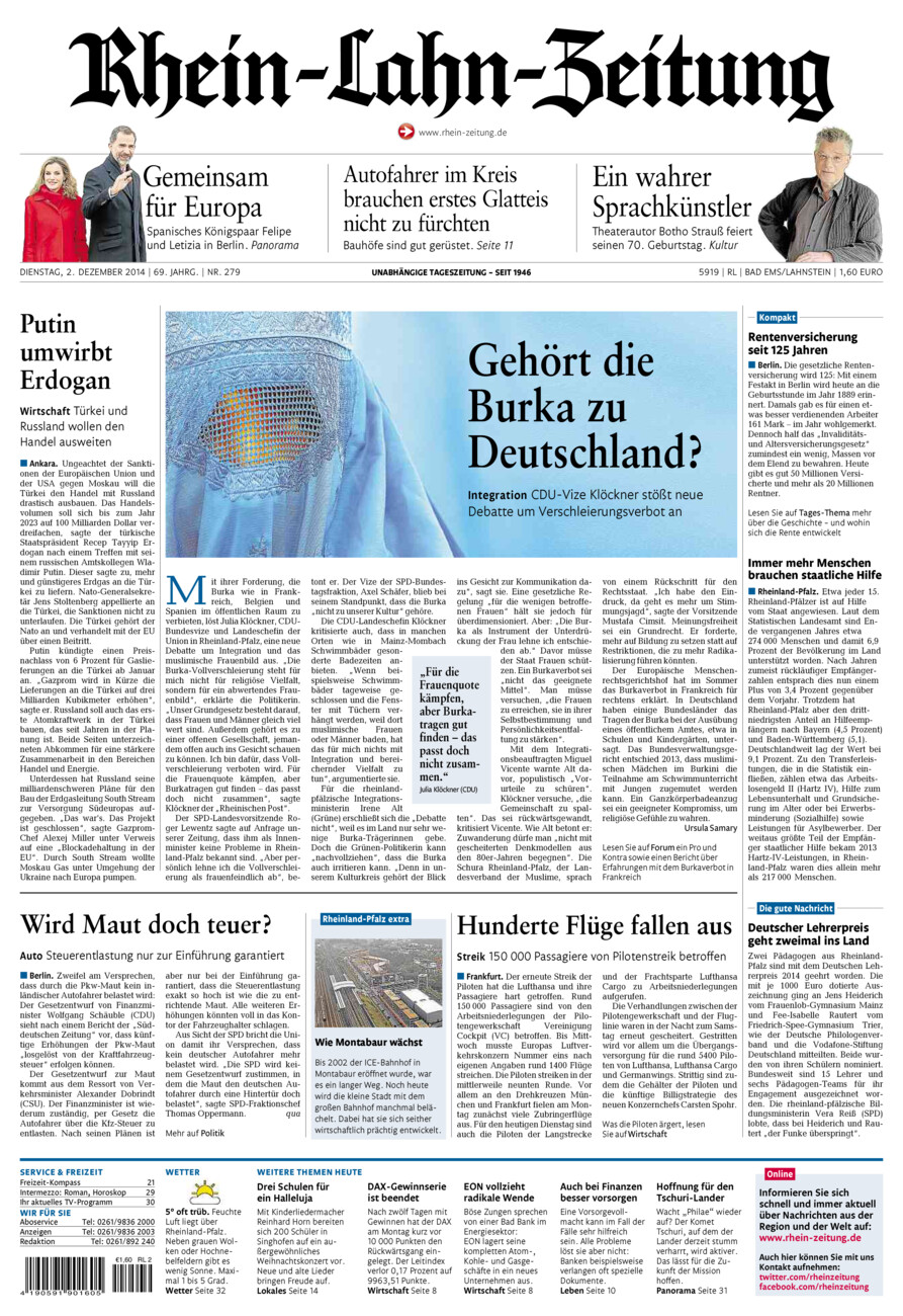 Rhein-Lahn-Zeitung vom Dienstag, 02.12.2014