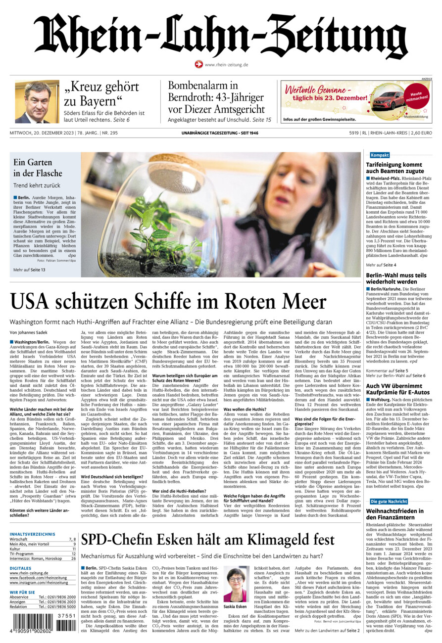 Rhein-Lahn-Zeitung vom Mittwoch, 20.12.2023