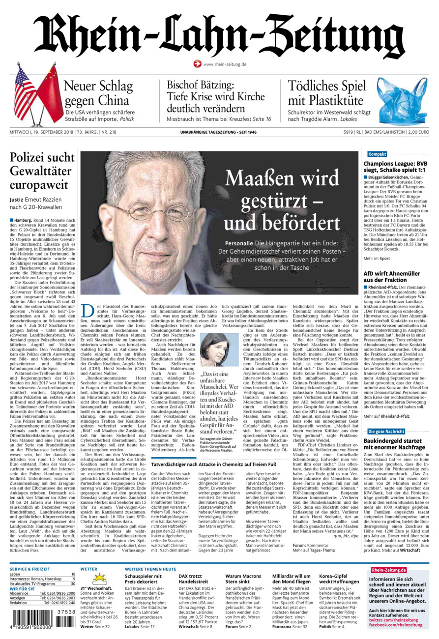Rhein-Lahn-Zeitung vom Mittwoch, 19.09.2018