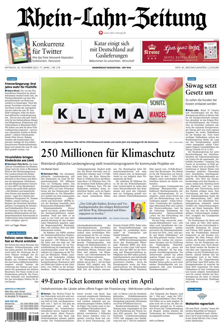 Rhein-Lahn-Zeitung vom Mittwoch, 30.11.2022
