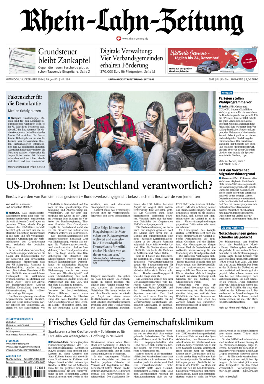 Rhein-Lahn-Zeitung vom Mittwoch, 18.12.2024