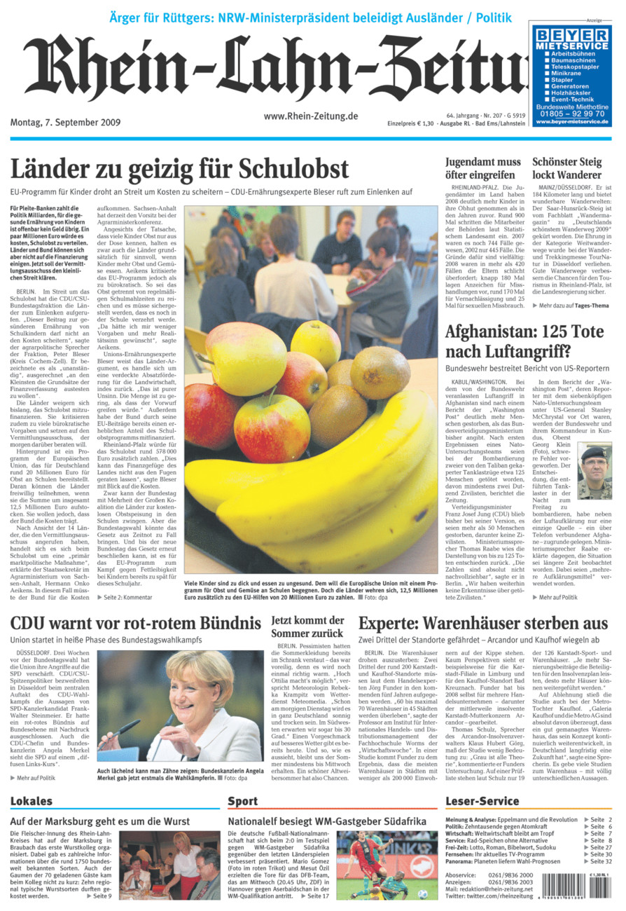 Rhein-Lahn-Zeitung vom Montag, 07.09.2009