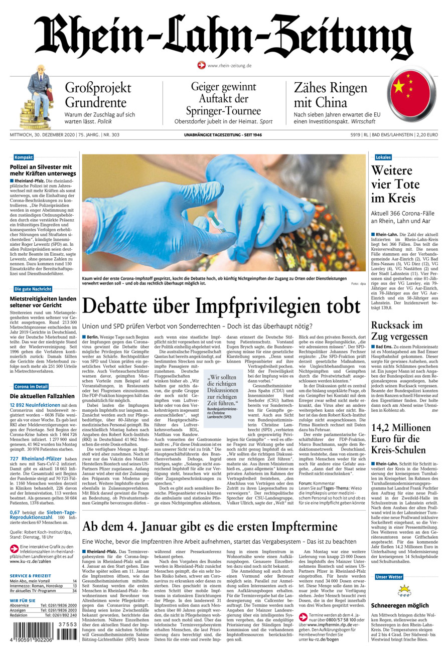 Rhein-Lahn-Zeitung vom Mittwoch, 30.12.2020