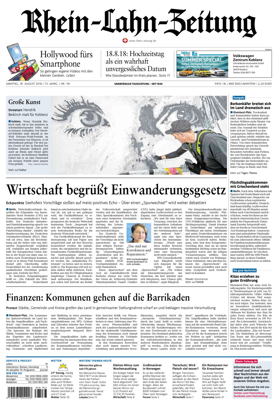Rhein-Lahn-Zeitung vom Samstag, 18.08.2018