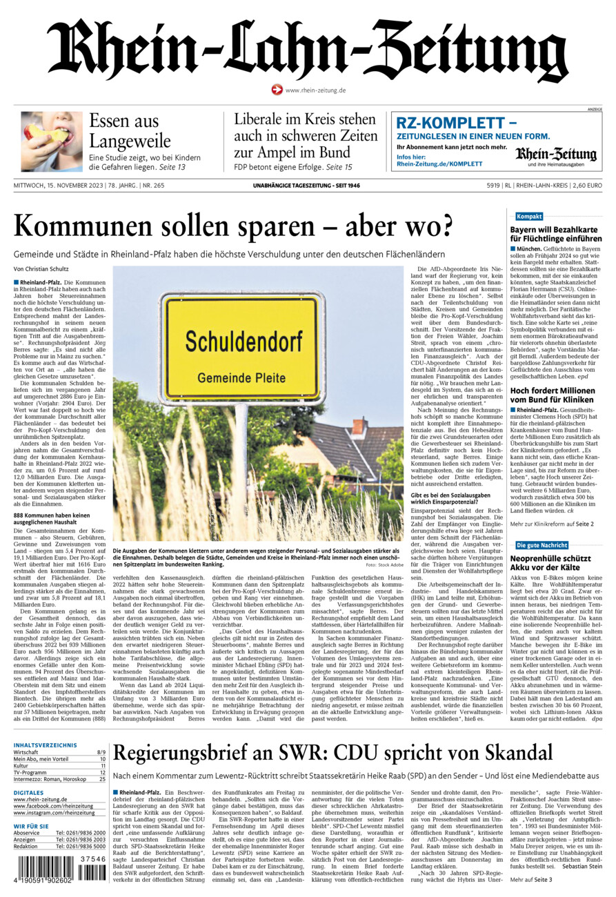 Rhein-Lahn-Zeitung vom Mittwoch, 15.11.2023