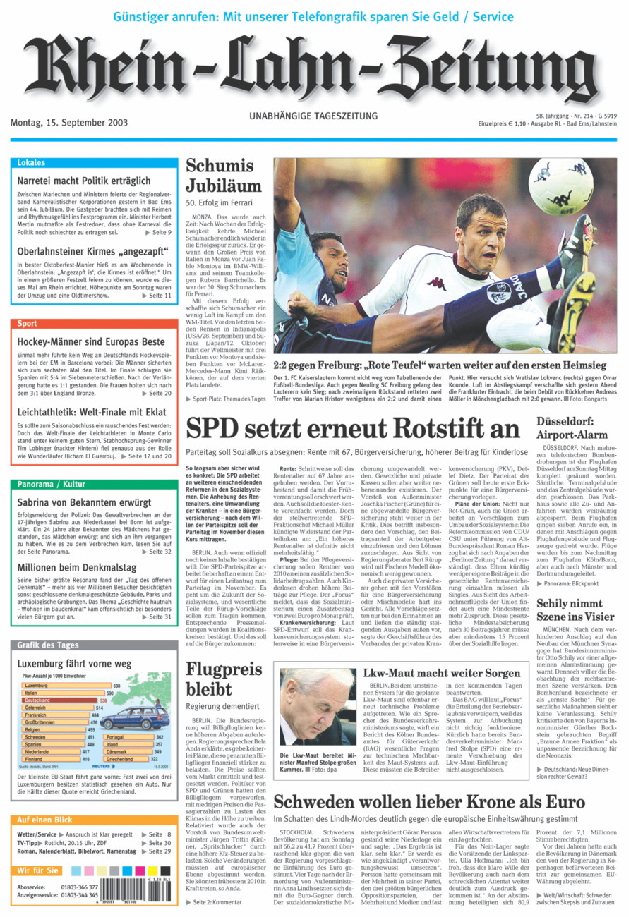 Rhein-Lahn-Zeitung vom Montag, 15.09.2003