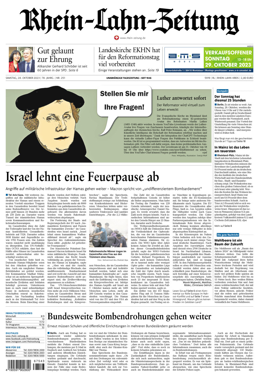 Rhein-Lahn-Zeitung vom Samstag, 28.10.2023