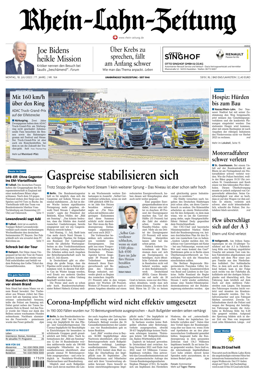 Rhein-Lahn-Zeitung vom Montag, 18.07.2022
