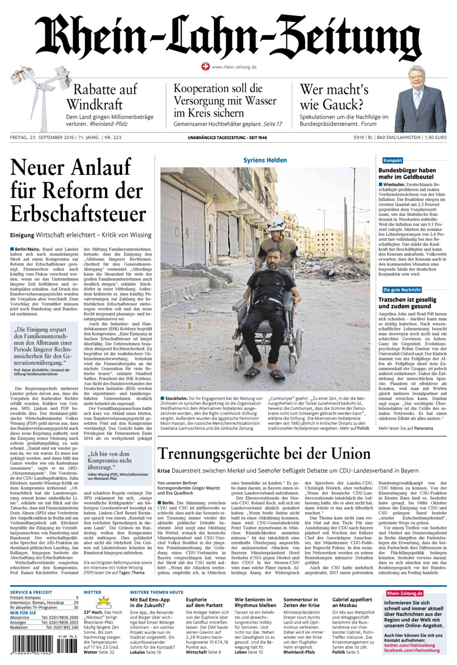Rhein-Lahn-Zeitung vom Freitag, 23.09.2016