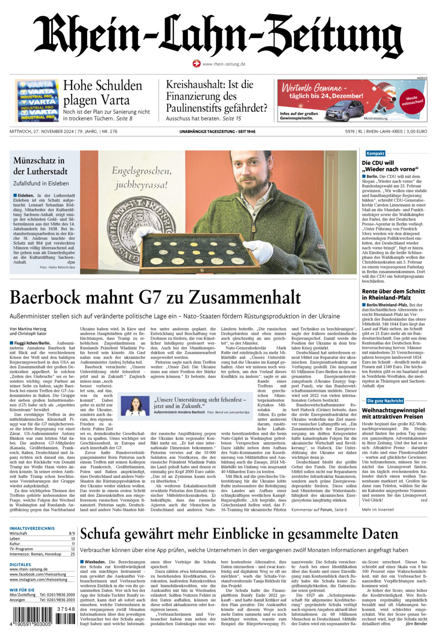 Rhein-Lahn-Zeitung vom Mittwoch, 27.11.2024