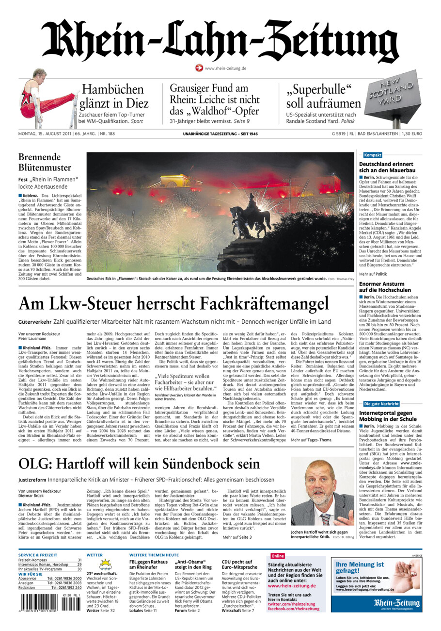 Rhein-Lahn-Zeitung vom Montag, 15.08.2011